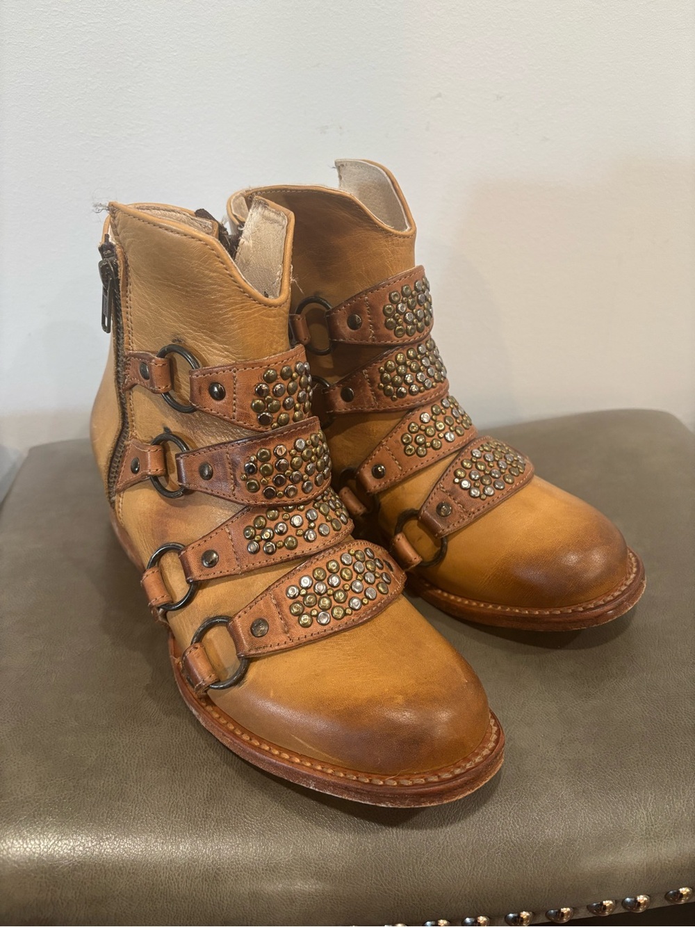 Freebird by Steven Cognac Leather Studded Buckle Ankle Boots - Picture 2 of 8